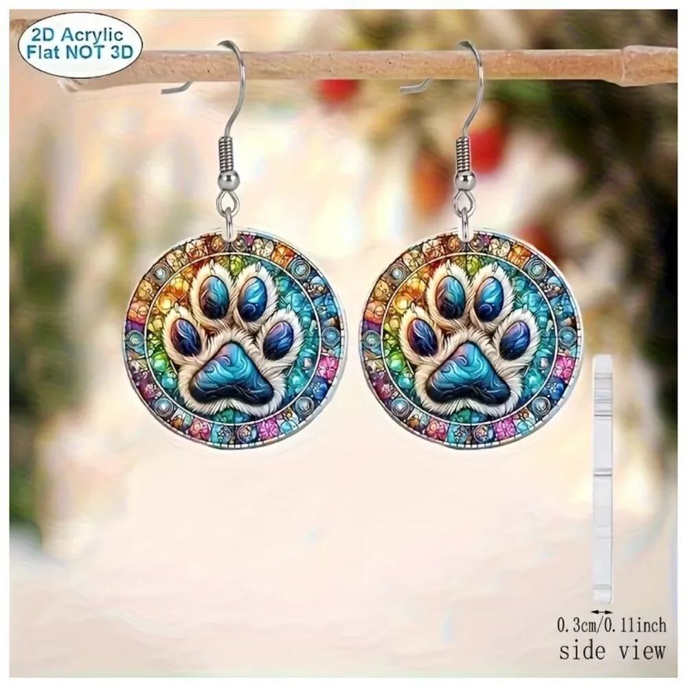 Dog Paw Earrings Acrylic Bohemian Style Rainbow Colors & Blue Furry Paw Prints